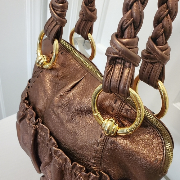 B. Makowsky Copper Metallic Pebble Grain Leather Shoulder Bag Goldtone Hardware - Picture 2 of 12